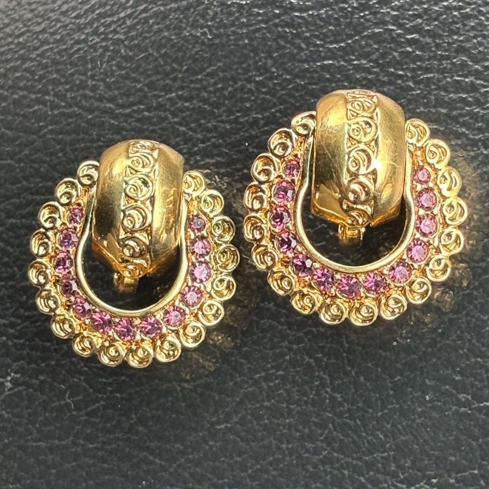 Vintage Nina Ricci Door Knocker Clip On Round Gold Tone Purple Crystal Earrings